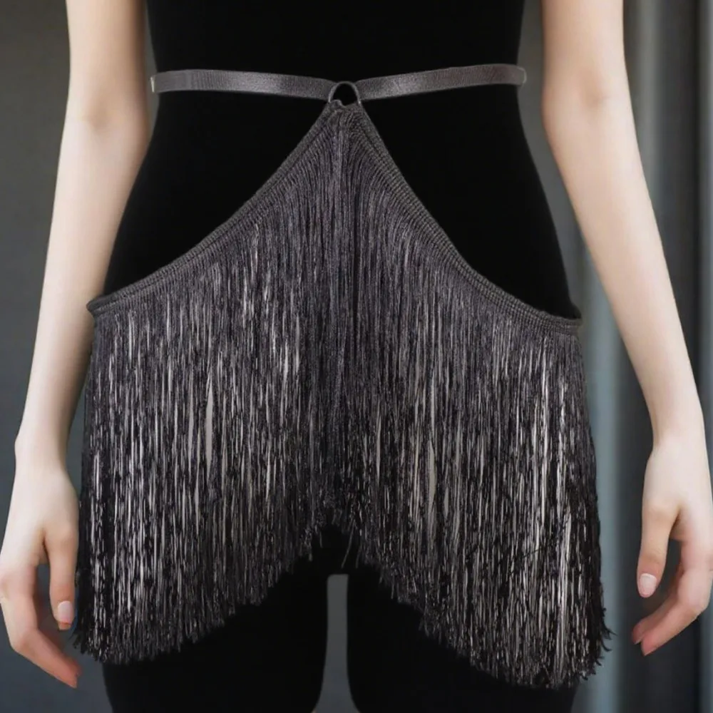 신상 조절 가능한 프린지 벨트 스커트 블랙 엘라스틱 웨이스트 하네스 부드러운 가죽 댄스 벨트