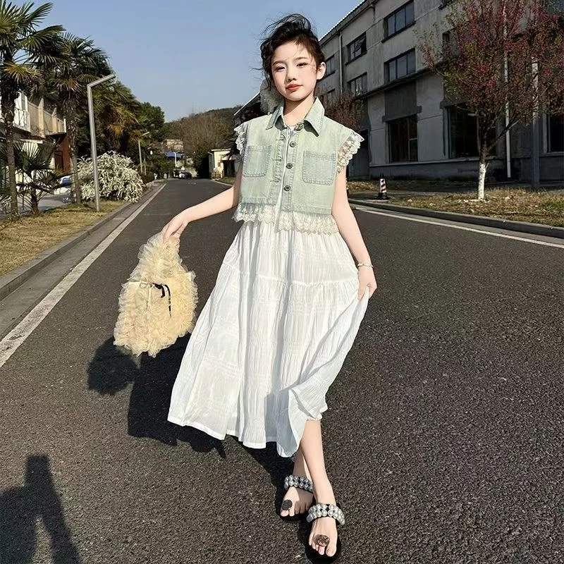 

New style girls' dress set, fashionable children's summer dress, two-piece denim vest set for older children