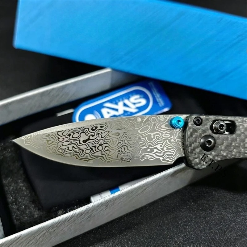 BM Bugout 535 Axis Lock Folding Knife Pocket EDC Tools Damascus Steel Carbon Fiber Handle Drop Point Blade Blue Thumb Push Nail