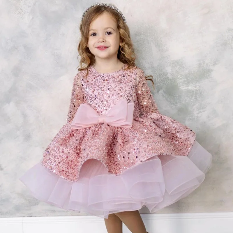 Girls Sequin Princess Dress with Oversized Bow Cake Layering Tutu Skirt for Baby Girls Birthday Party Sparkling Flower Girl Gown