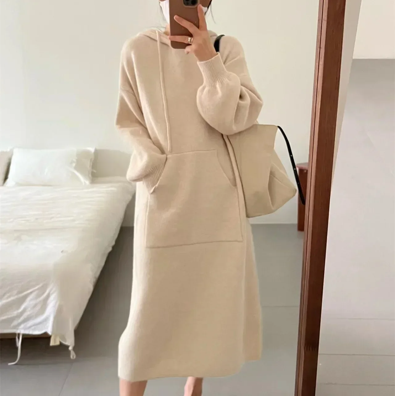 

Women Hoodies Dresses Autumn Winter Casual Hooded Knitted Pocket Knitted Sweaters Dress Long Sleeved Casual Loose Knit Vestidos