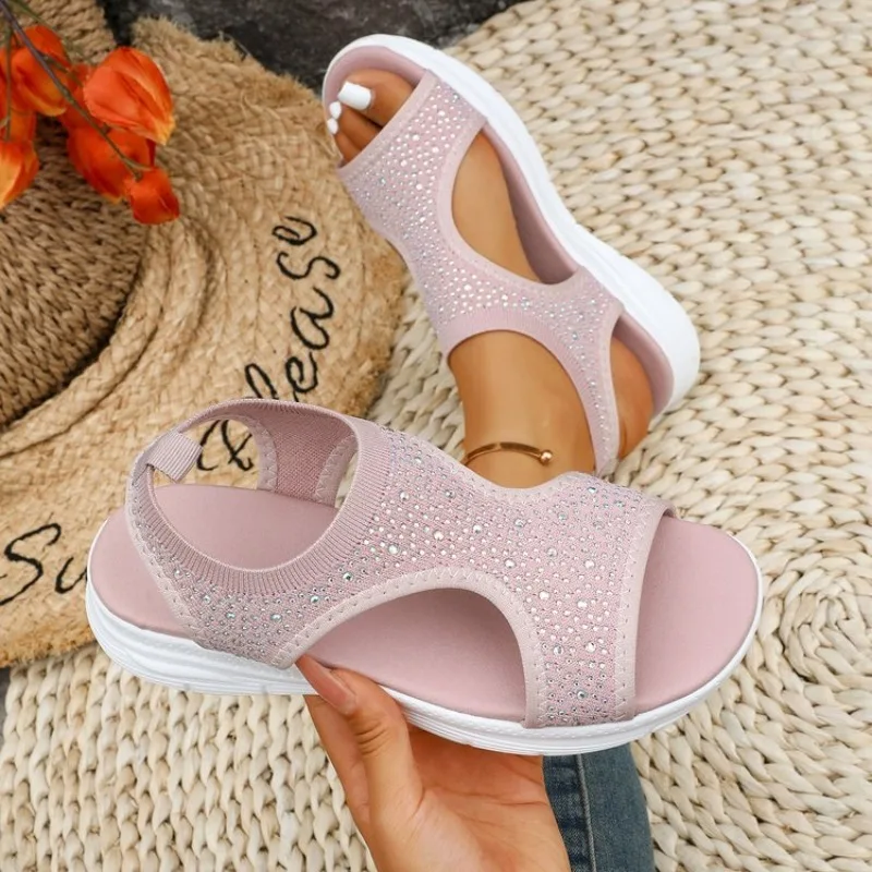 Women's Open Toe Flat Sandals Rhinestone Embellished Slingback Slip on Footwear Featuring Textured Upper and Stable Outsole Unit