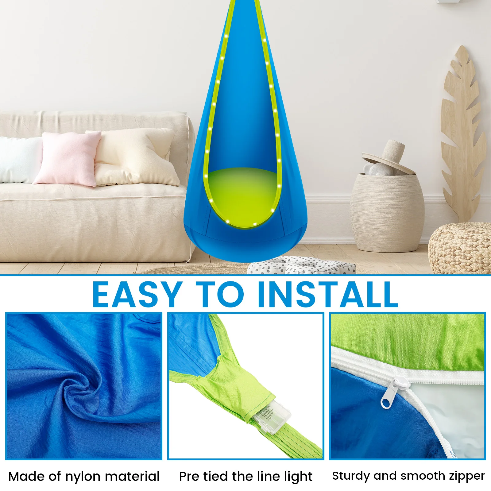 مقعد أرجوحة مع شريط إضاءة LED قابل للتعديل، أرجوحة معلقة مريحة قابلة للنفخ، متعددة الاستخدامات، جراب إضاءة داخلي وخارجي