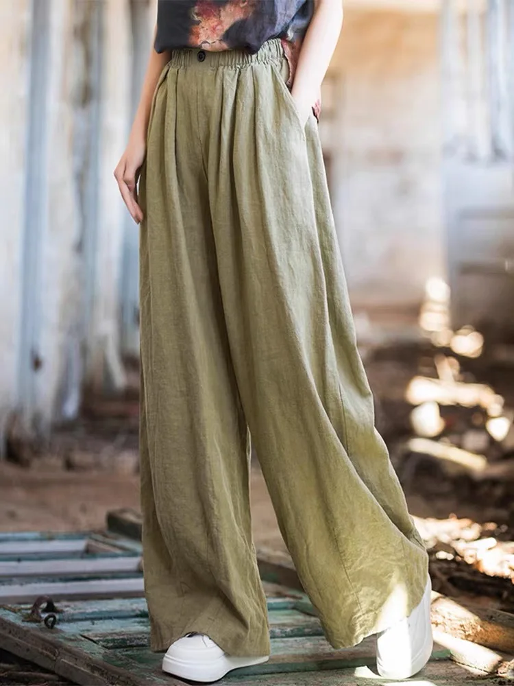 

Широкие брюки из хлопка и льна с высокой талией, женские повседневные свободные прямые длинные брюки на весну и лето