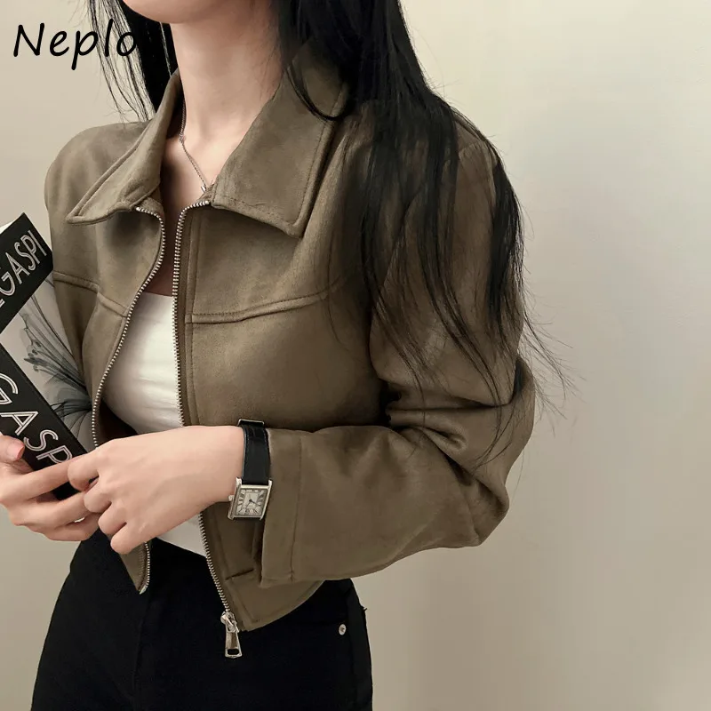 Neploe Fashion All-match Leather Velvet Jackets 2024 Autumn Winter Zipper Coat Women Y2k Slim Fit Long Sleeve Tops Mujer