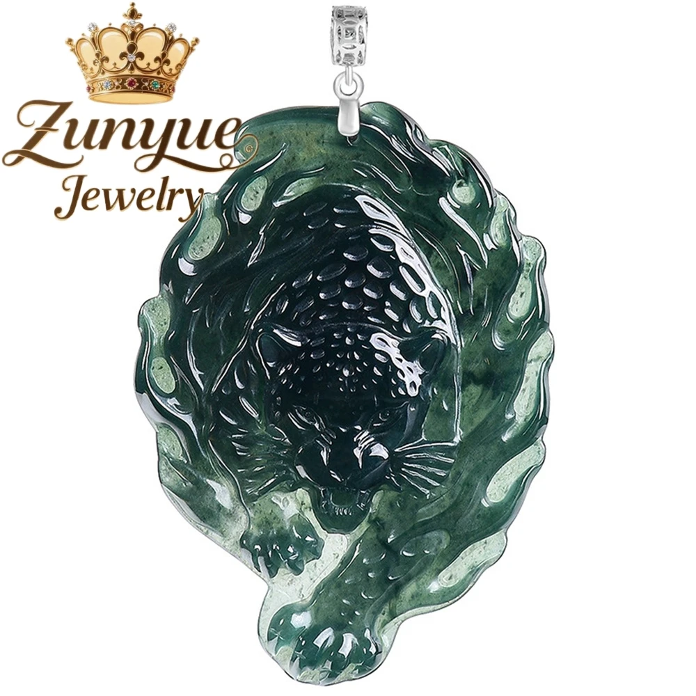 

Natural A Grade Ice Blue Water Jadeite Panther Head Pendant Hand-Carved Black Leopard Necklace Fine Jewelry Gift for Collectors