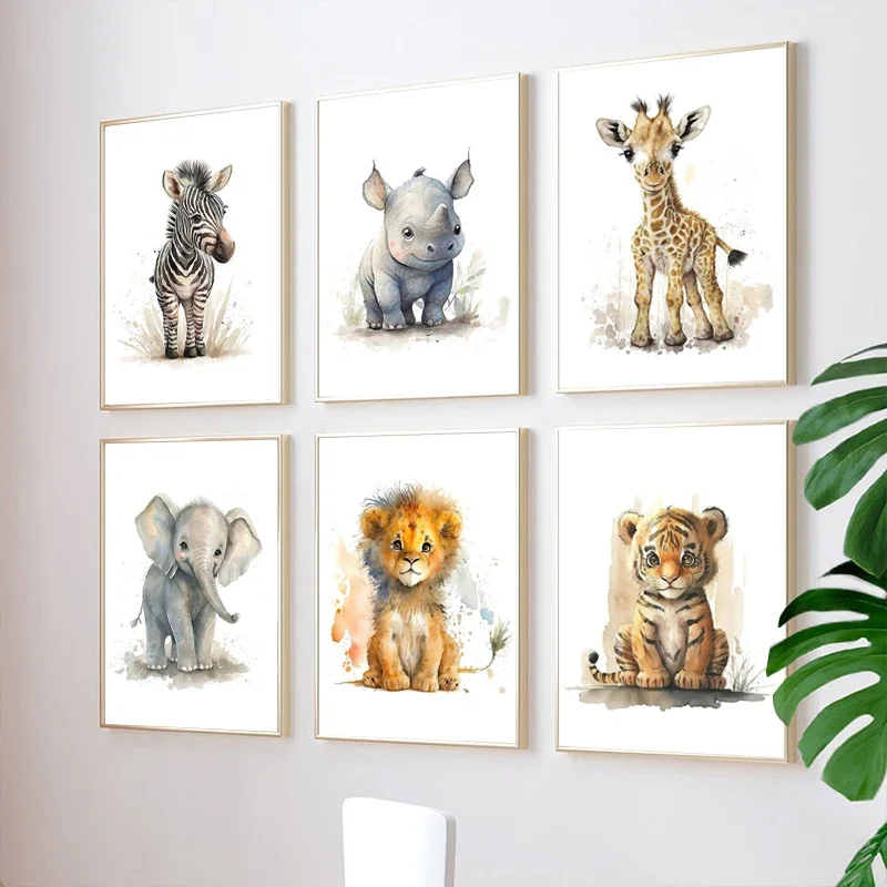 Cute Elephant Lion Giraffe Tiger Zebra Nursery Wall Art Canvas Painting Animal Posters Prints Pictures Baby Kids Room Decor