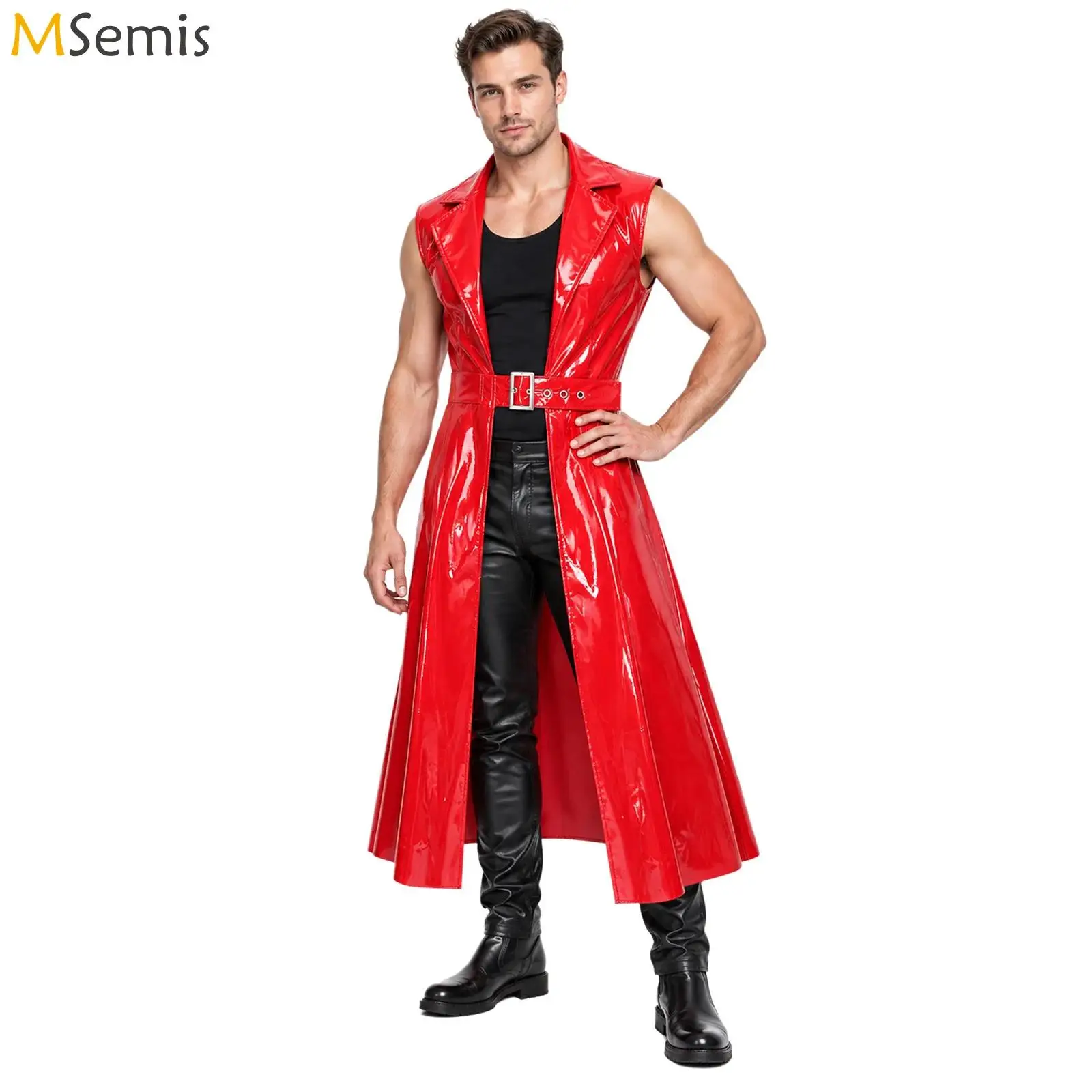 Men Shiny Sleeveless Long Trench Coat Punk Wet Look Patent Leather Lapel Belted Glossy PU Punk Long Jacket for Halloween Cospla