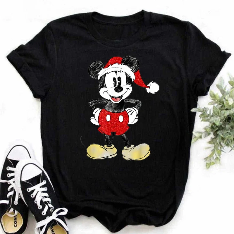 Camiseta de Mickey Minnie Mouse, camiseta con estampado de sombrero de Navidad, camiseta de moda para mujer, ropa femenina, camiseta Kawaii de Disney