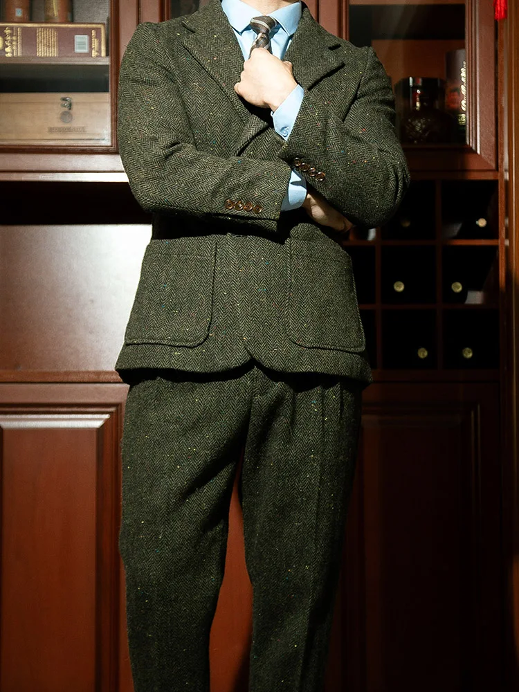 

Winter American retro tweed Breezer suit made of pure wool fabric, slim fit suit with two button cuffs that can be opened