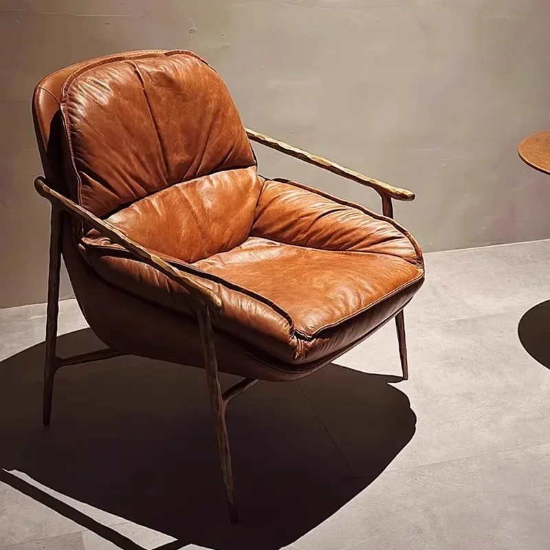 Y2 Leisure Chair Vintage Oil Wax Genuine Leather Armchair Metal Hand-Forged Couch Iron Cigar Chair