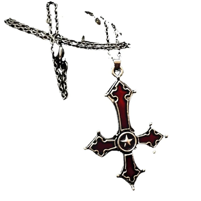 Fashion Punk Red Cross Necklace for Women Gothic Dark Alloy Pendant Choker Chains Trendy Personality Accessories Gifts Wholesale