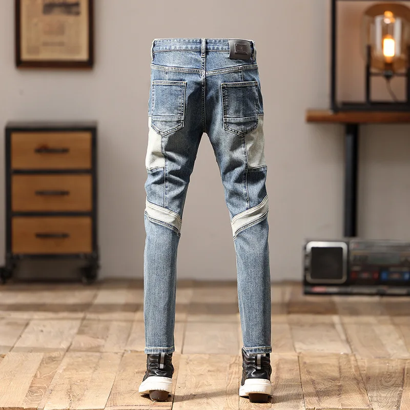 Homens high-end costura slim fit jeans skinny, calças de motocicleta, design personalizado, na moda, retro, rua, 2024