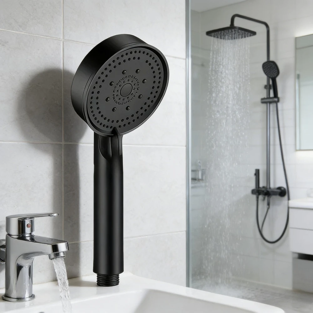 

5 modes, black bath, shower head, adjustable rain mode, water saving, high pressure shower head, bathroom accessories