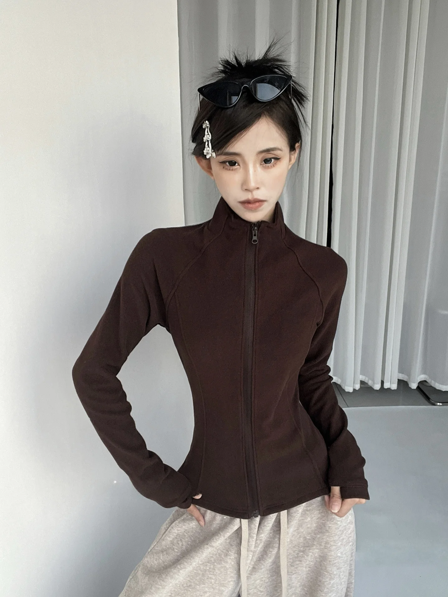 

MianCun Women's Fce Sweatirt Close-Fitting Long Sve Stand-Collar Cardigan Warm Base irt Autumn Winter New Sle