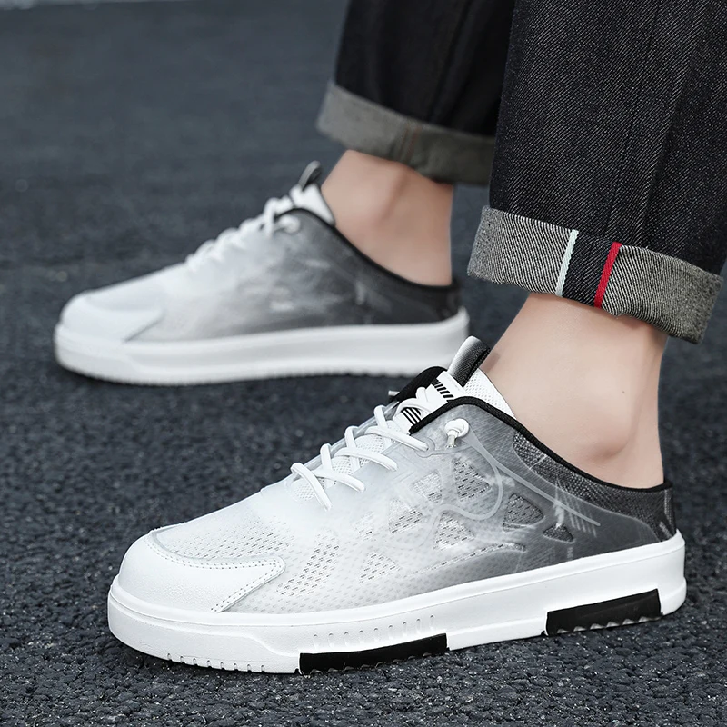 Large Size 46 47 Mesh Semi-Drag Casual Shoes Half Shoes For Men Mules Closed-toe Board Shoes Summer Backless Loafers Slipper