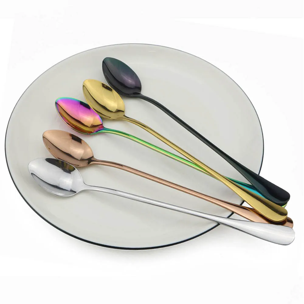 Colorful Long Handled Teaspoons Juice Coffee Stirring Cutlery Stainless Steel Spoon Ice Cream Dessert Spoon Kitchen Accessories