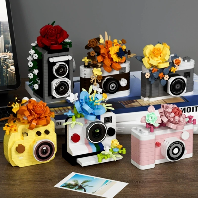 NEW DIY Camera Mirror Flower Film Retro Polaroid Rose laurel Building Blocks Kit Girls Bricks Movie Model Kids Toy Children