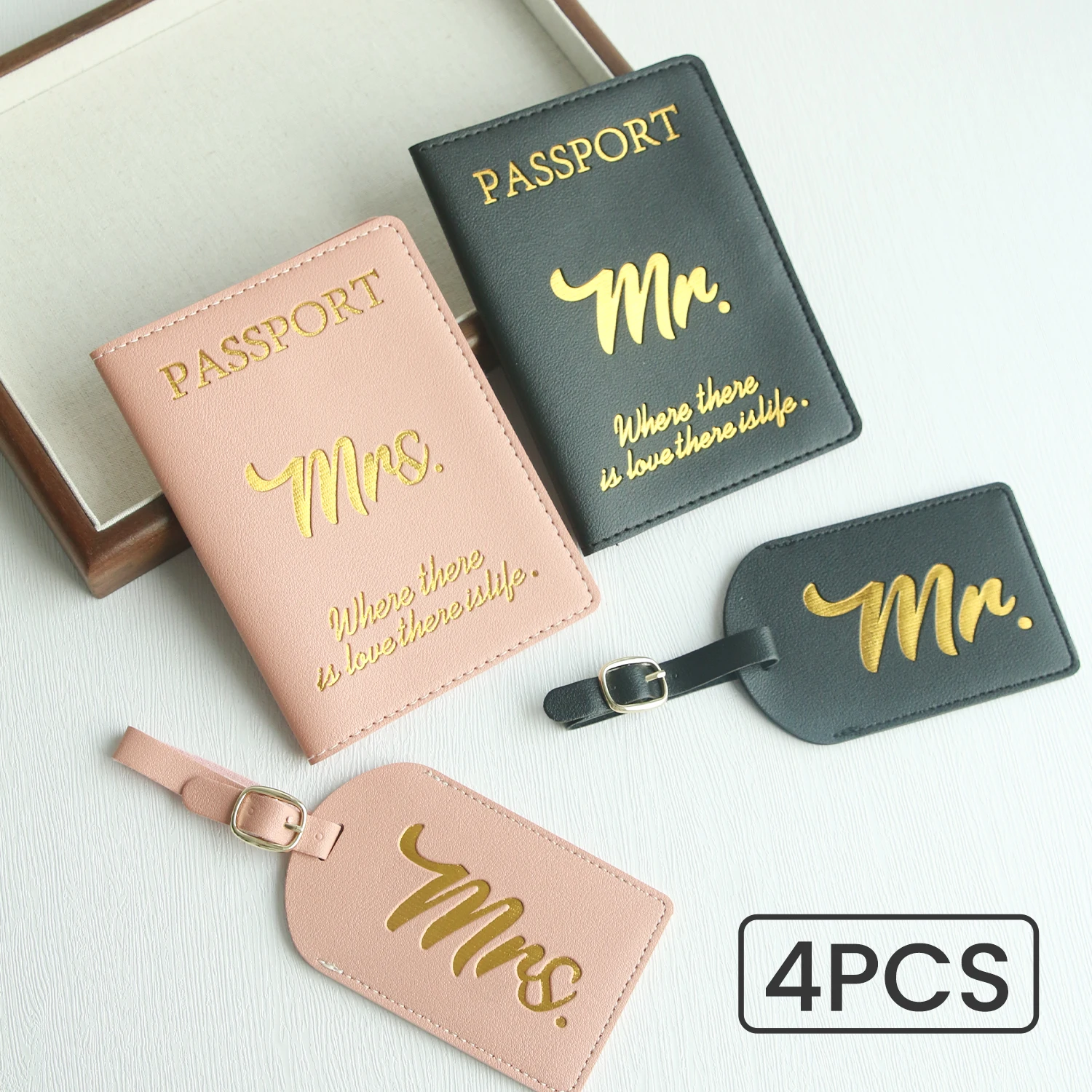 4PCS Mr. & Mrs. Travel Set: 2 Luggage Tags + 2 Passport Covers, Leather - Bridal Shower, Honeymoon, Valentine\'s, Wedding Gifts