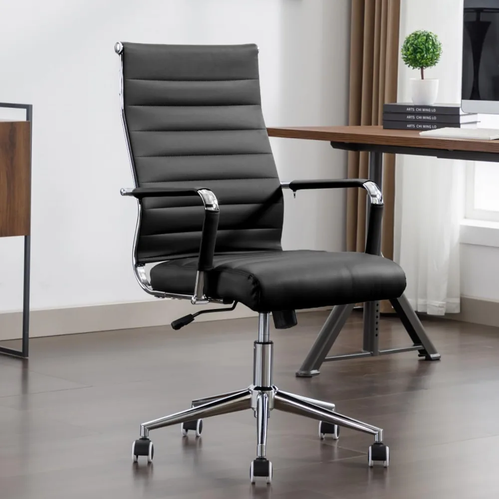 

Office Desk Chair Leather, Conference Room Chairs with Wheels, Executive Modern Ergonomic Ribbed Computer Chair(Black)