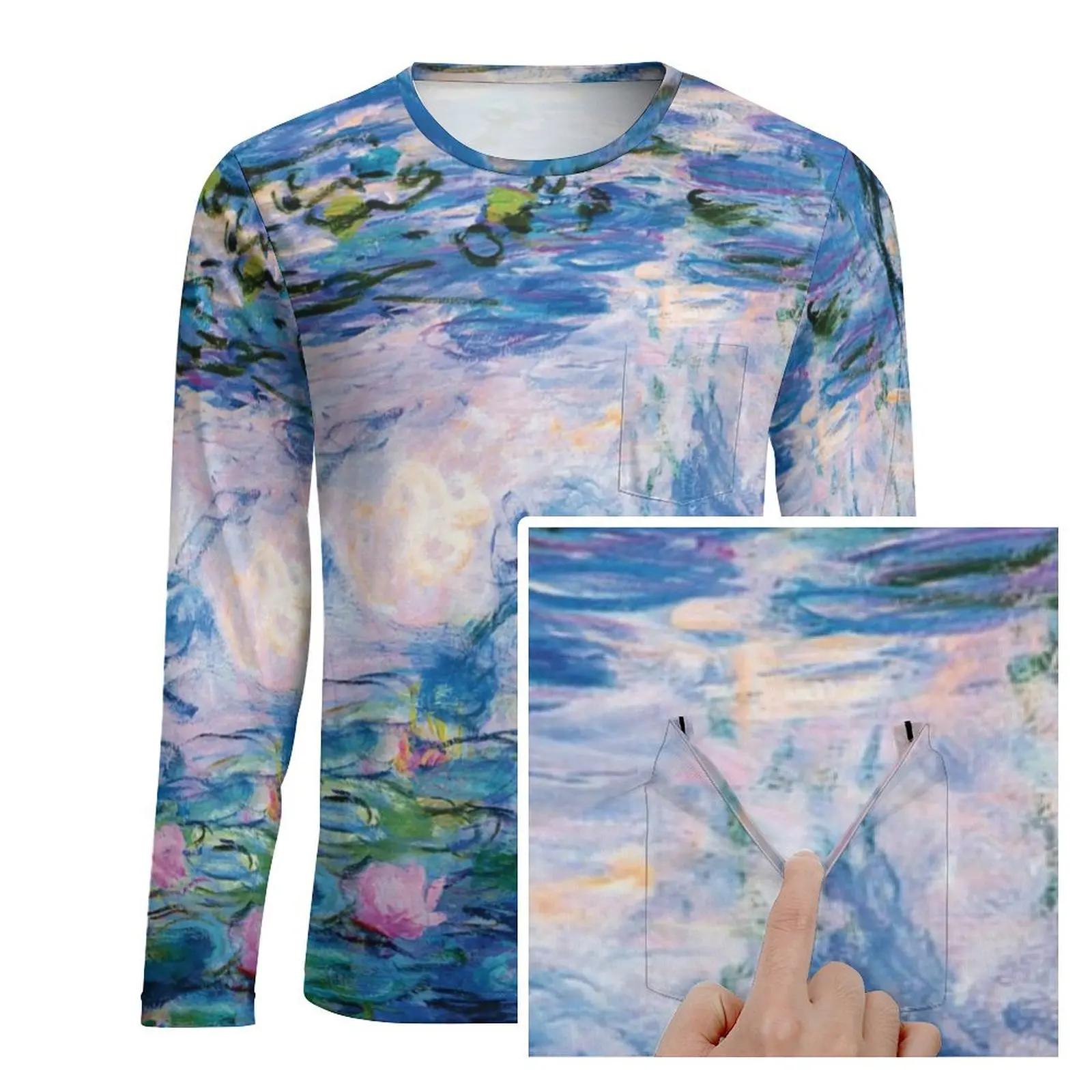 Flower Print T Shirt Monets Water Lilies Retro T Shirts With Pocket Long Sleeve Graphic Tshirt Autumn Streetwear Oversize Tops