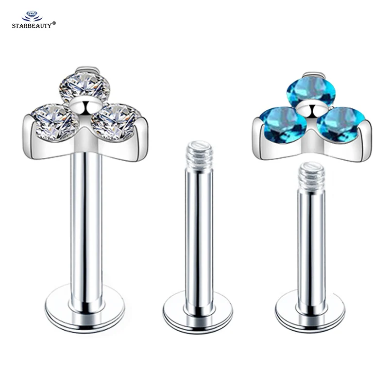 2Pcs 1.2x6/8mm Three-Gem Nose Stud Ear Piercing Labret Stud Flat Back Stainless Steel Conch Helix Piercing Cartilage Earring 16G
