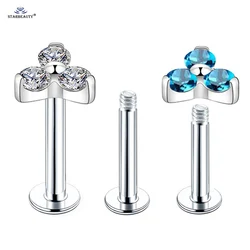 2Pcs 1.2x6/8mm Three-Gem Nose Stud Ear Piercing Labret Stud Flat Back Stainless Steel Conch Helix Piercing Cartilage Earring 16G
