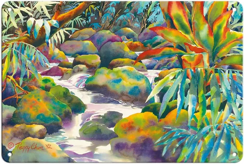 Pacifica Island Art Nuʻuanu Stream - Honolulu Oahu Hawaii - From an Original Hawaii Watercolor Painting by Peggy Chun - 8 x sign