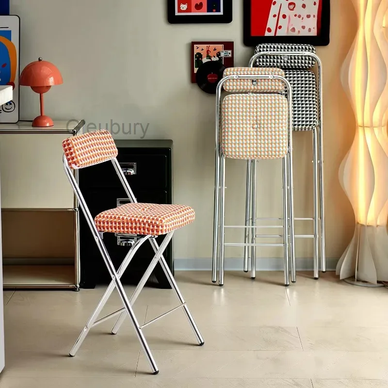 Vintage Foldable Bar Stool, Houndstooth Pattern Upholstered Space-Saving Counter Height Stool for Kitchen Island, Bar Spaces