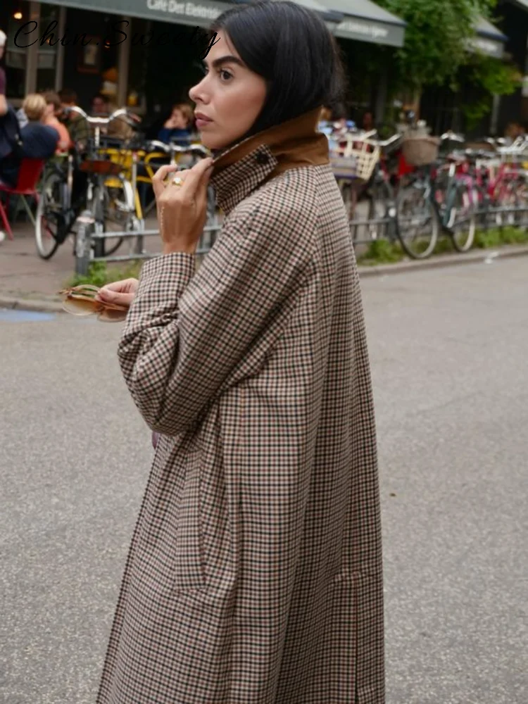 

Элегантный двусторонний клетчатый длинный плащ с меховым воротником, женские однобортные пальто с лацканами и длинными рукавами, осень 202, женская шикарная верхняя одежда