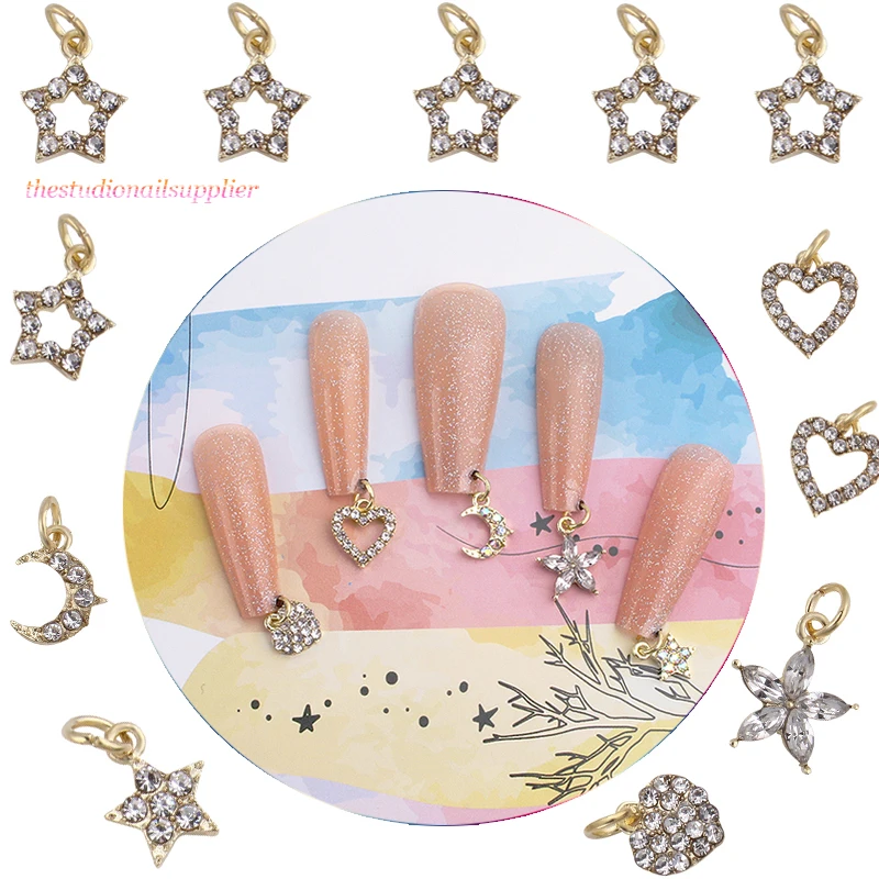 10Pcs Piercing Nail Charm 3D Dangle Luxury Star/Heart/Moon/Cross Rhinestone Decoration Golden Nails Jewelry Manicure Accessories