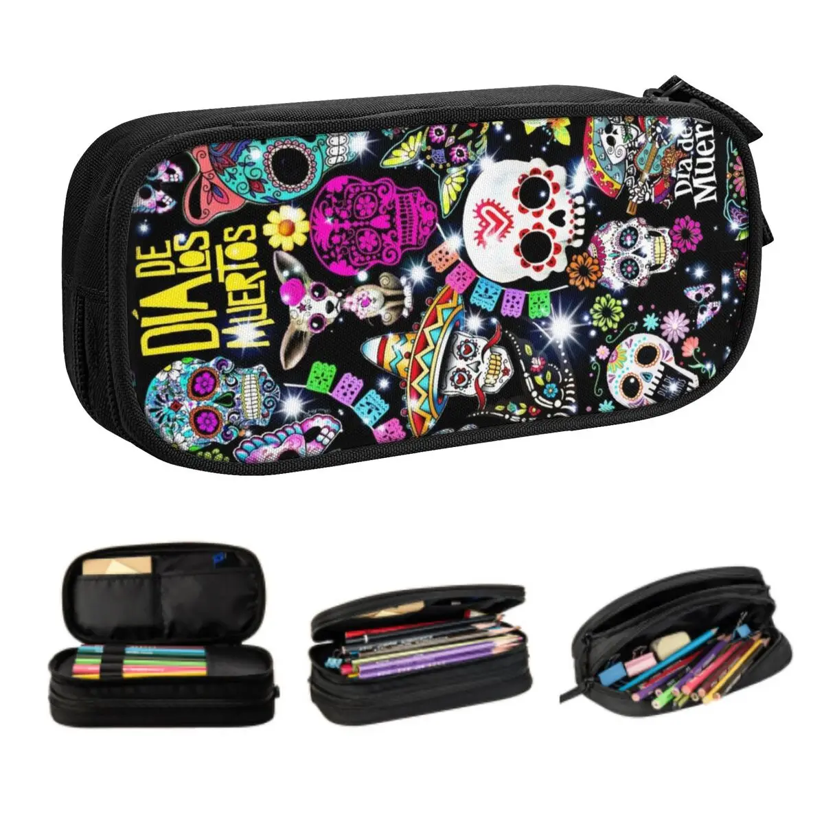 Custom Horror Mexican Day Of The Dead Sugar Skull Cute Pencil Case Girl Boy Large Capacity Halloween Pencil Bag School Supplies