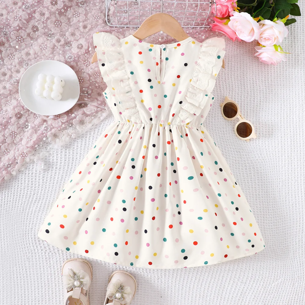 2025 New Arrival Girls Sleeveless Ruffles Bow Dot Apricot Cute Holiday Night Party Princess Dress Custume 2-7T