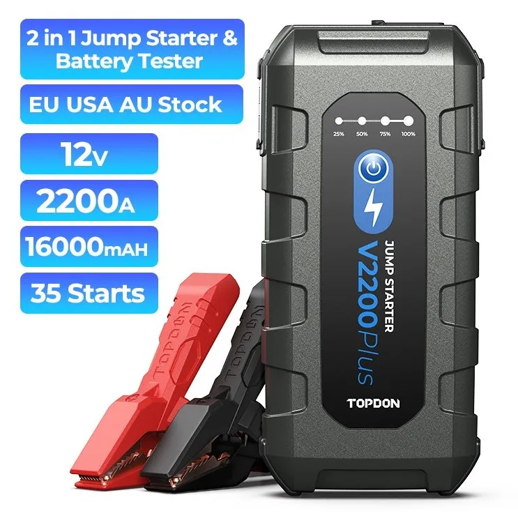 TOPDON V2200Plus 2200A 12V Emergency Portable Motorcycles Trucks Car Booster Pack 2-in-1 Battery Tester Jump Starter Power Bank
