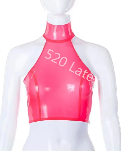 Top corto de látex Sexy hecho a mano, sujetador suave de látex rosa transparente, chaleco, Top de látex Sexy de moda de goma