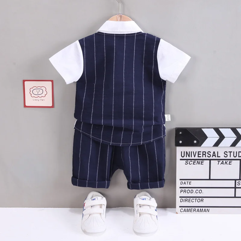 2PCS Baby Set Children\'s Summer Gentleman Style Bowtie faux two-piece Vest Polo Short Sleeve Shorts Set