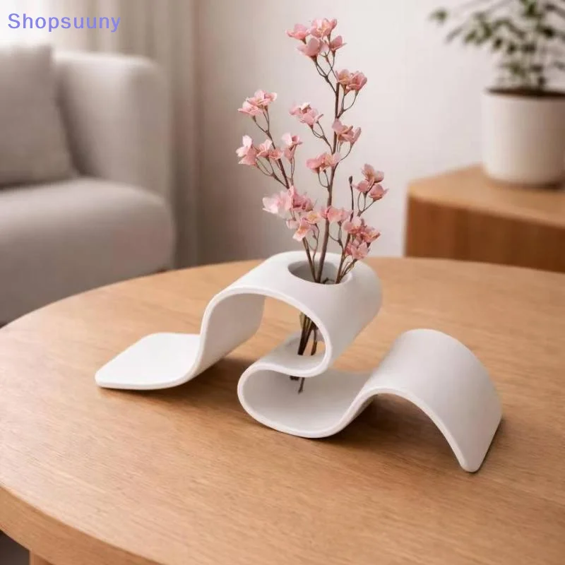 [SU]Modern Minimalist Curved 3D Printed Vase Creative Ribbon-Shaped Dried Flower Holder Nordic Style Desktop Decorative Vessel