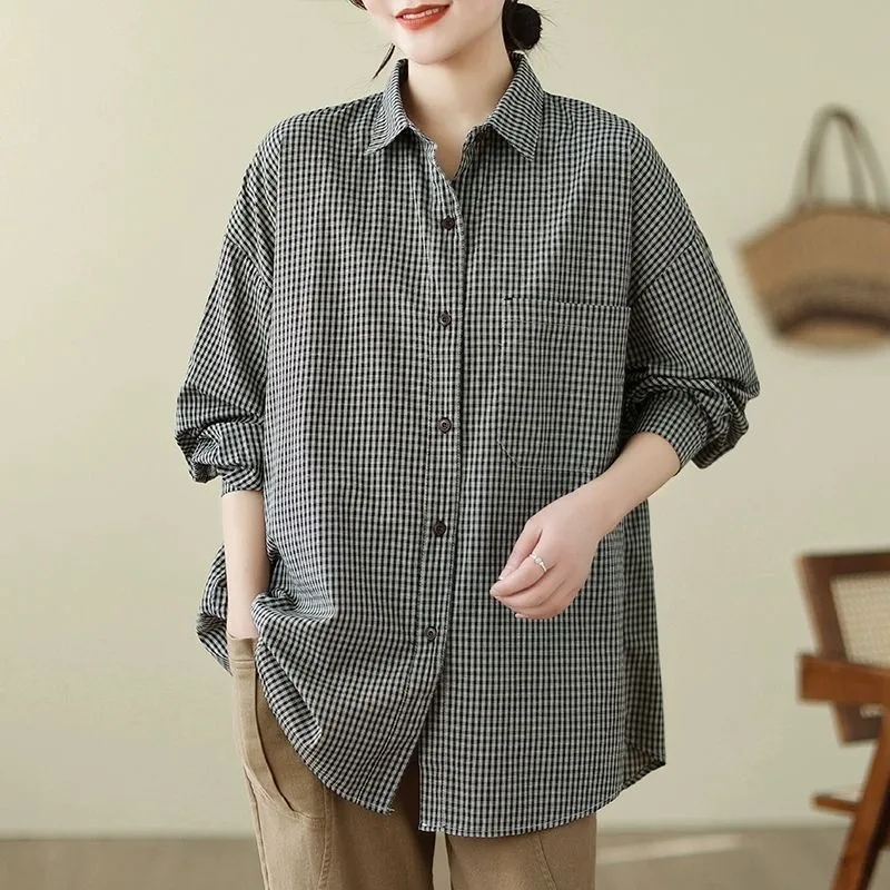 Chemise ample à carreaux pour femmes, vêtements d'extérieur d'automne, revers décontracté, manches longues, boutons, Cardigan, haut polyvalent