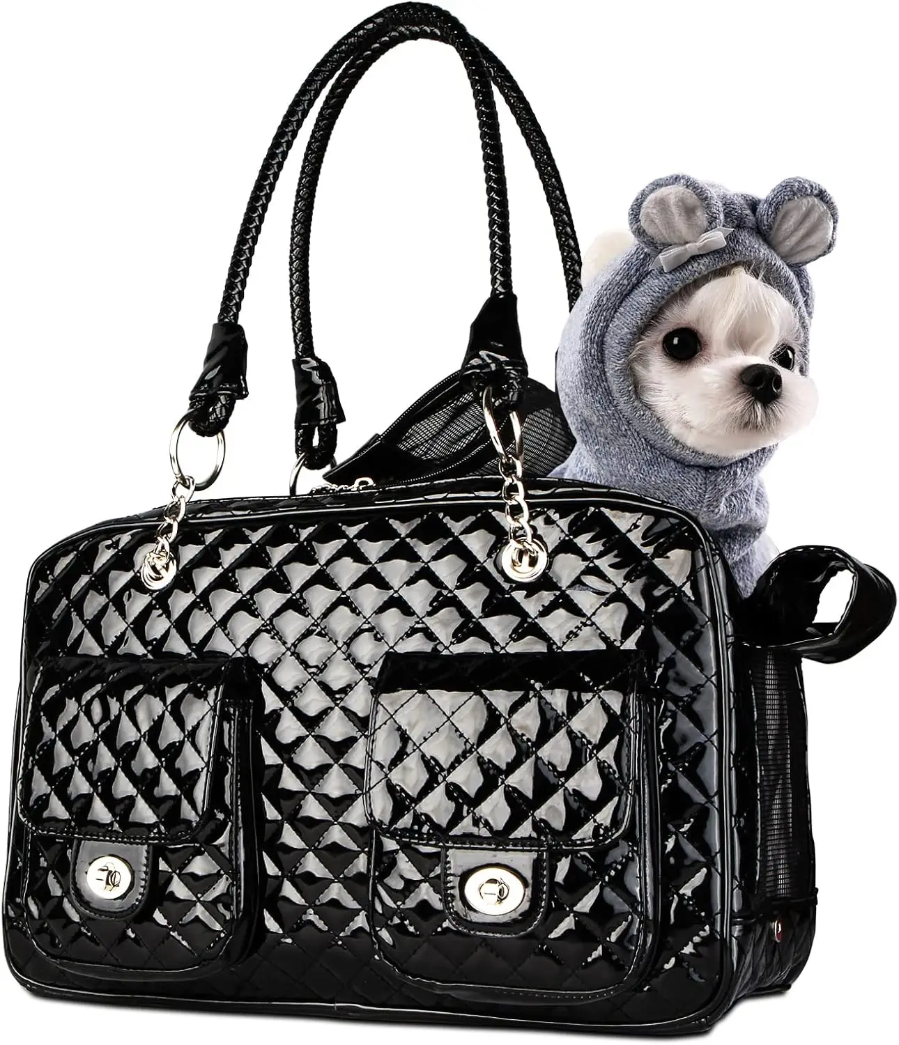 

Soft-Sided Pet Travel Carrier Airline Approved for Pet Small Dog and Cat Collapsible, Black Shiny Patent Leather