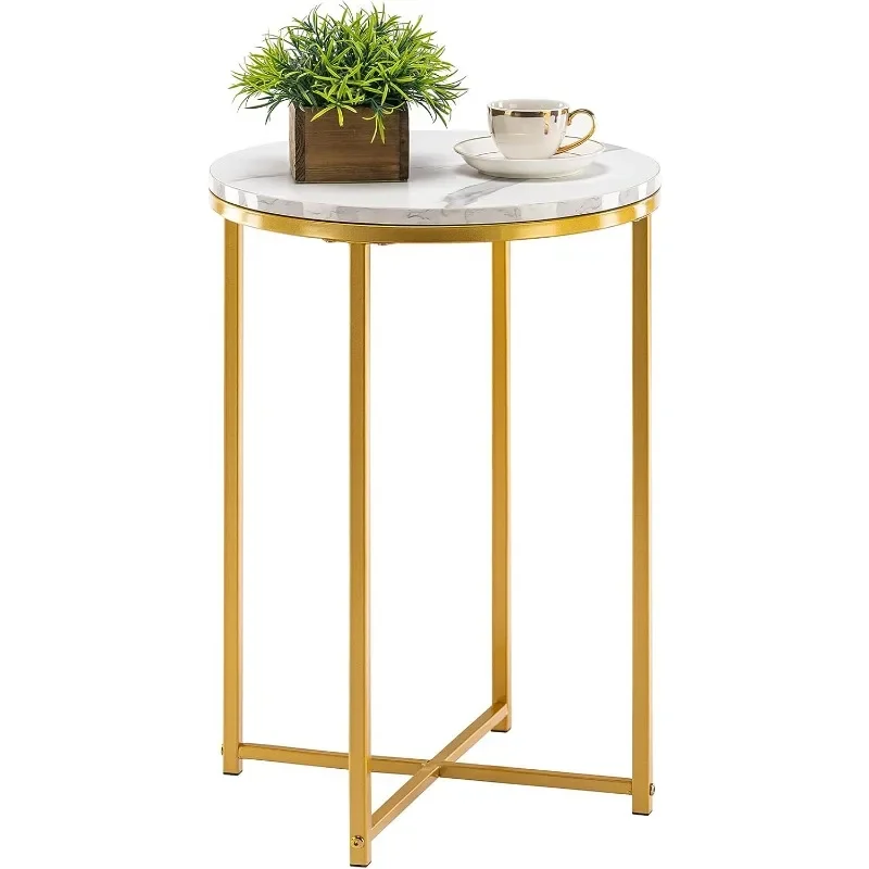 Round End Table, Faux Marble Sofa Table, Accent Side Table with Metal Frame, Modern Gold Nightstand, Tall Coffee Table for