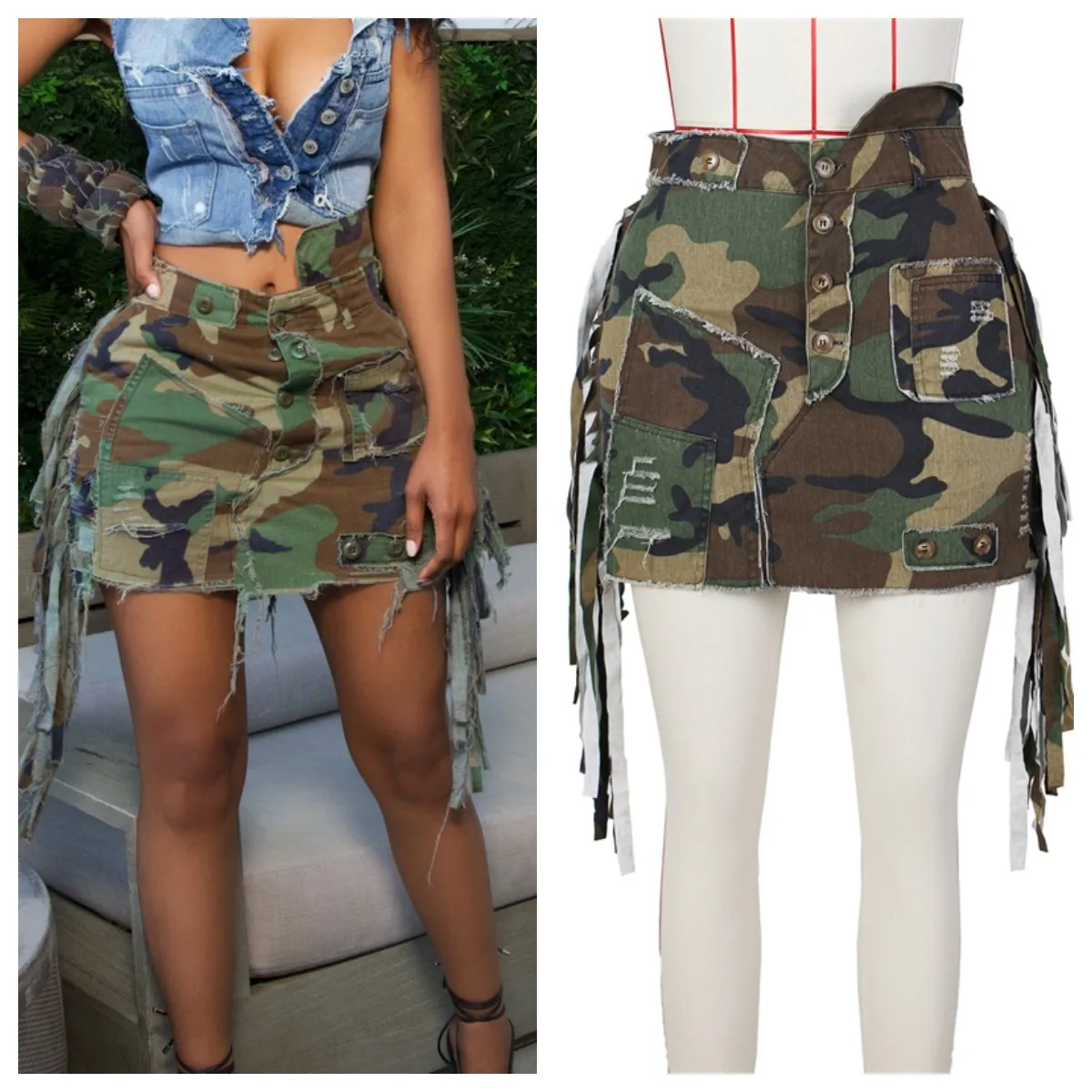 Side Tassel Camouflage Mini Cargo Skirts Women High Waist Buttons Patch Fringed Casual Street Skirt All Matching Skirt