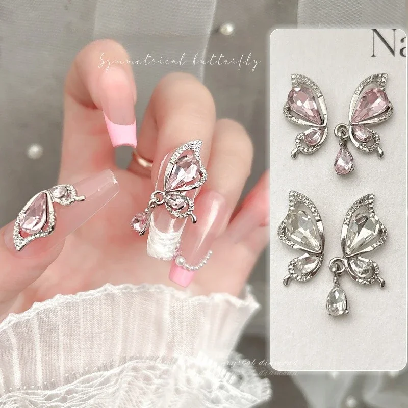 5Pcs 3D Alloy Butterfly Wing Nail Charms, Spliced Pink Butterfly Pendants With Big Rhinestones For Decorating Press On Nails