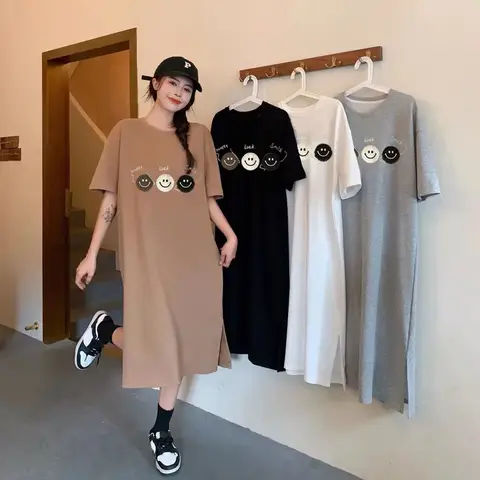 여름 루즈핏 귀여운 만화 프린트 캐주얼 반팔 크루넥 여성 큰 사이즈 원피스