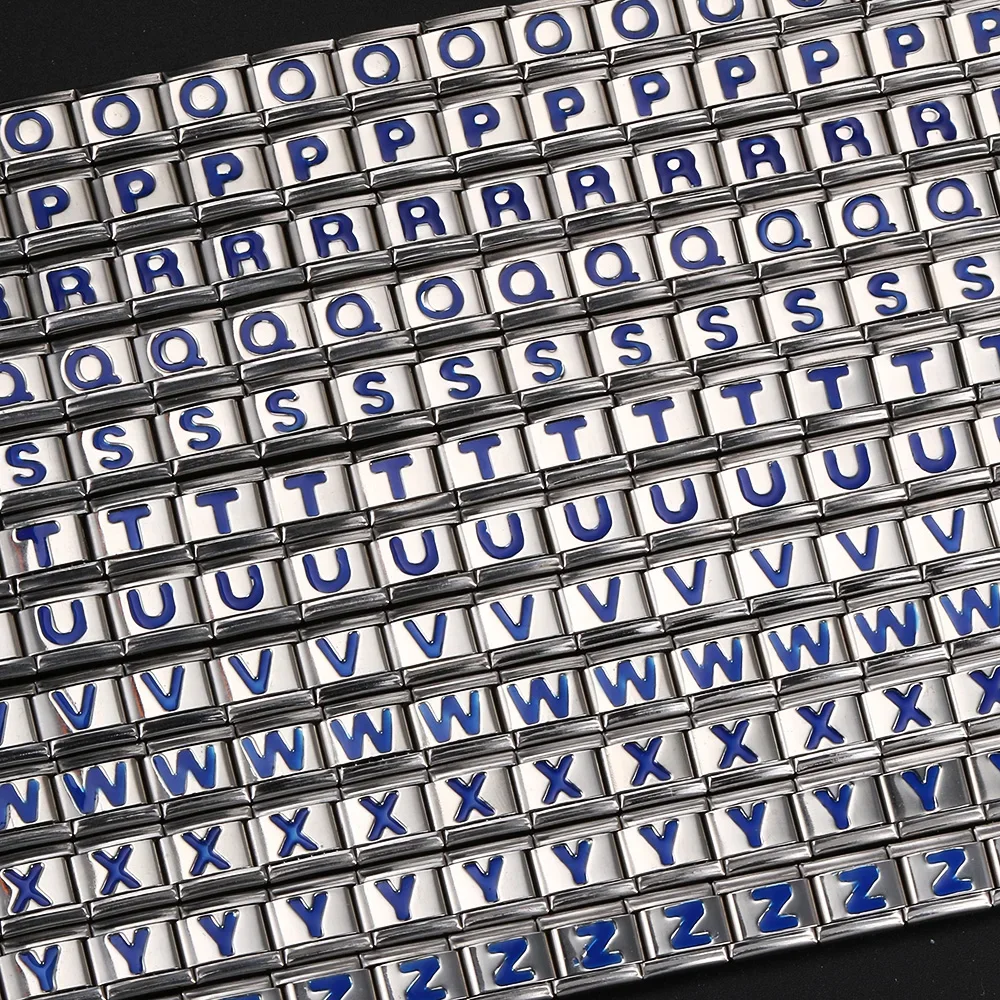 Sissi C 9mm Width Stainless Steel New Fashion Blue 26 English Letters Italian Charm Links Bracelet  Jewelry DIY Making Wholesale