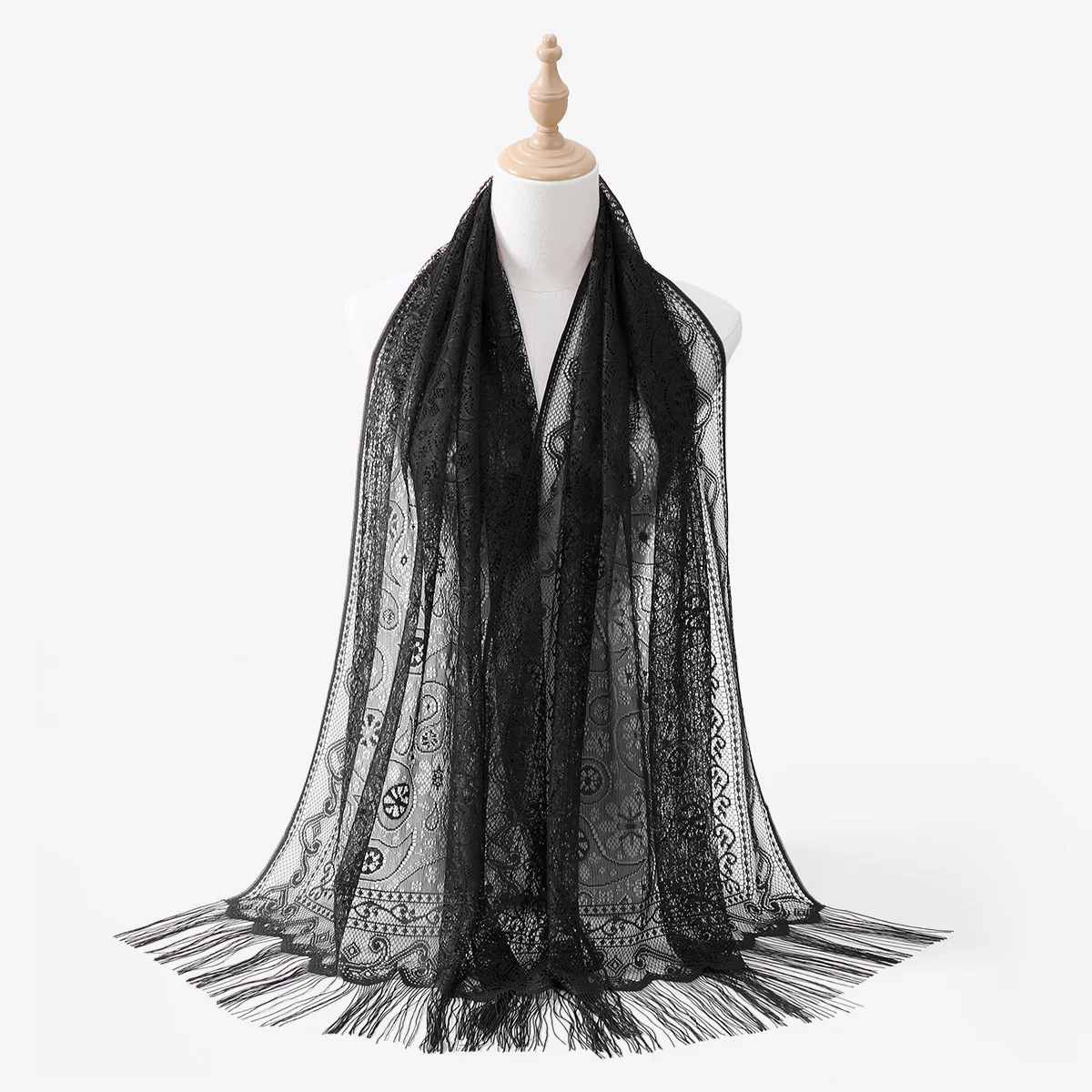 Muslimische Frauen Spitze Schal Schal Elegante Abendkleider Schals Hohl Quaste Schals Wraps Schal Femmal Mesh Garn Hochzeit Schal – Detail 17