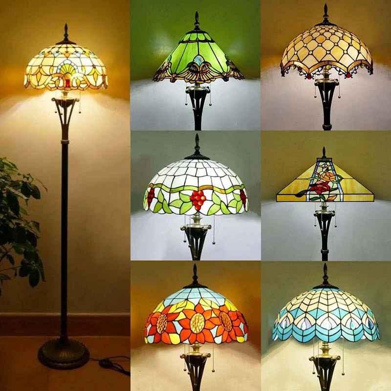 

OUFULA Tiffany Floor Lamp American Retro Living Room Bedroom Lamp Country Stained Glass Floor Lamp