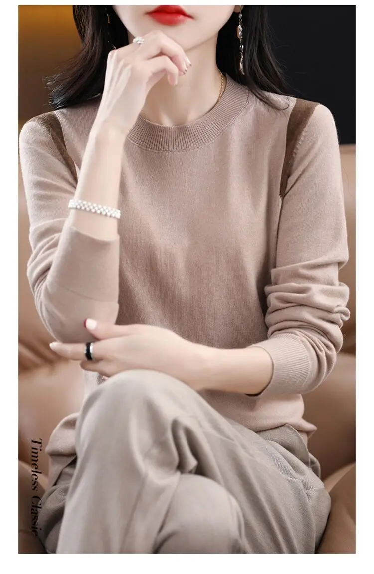 Spring and Autumn New Knitted Wool Women\'s Round Neck Shoulder Contrast Design Simple and Fashionable Long Sleeve Knitted Sweate