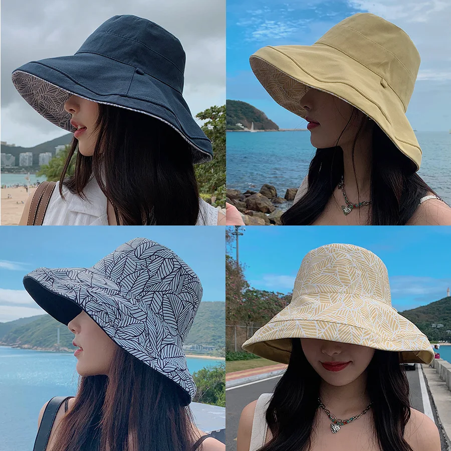 

Women's Double-Sided Large Brim Fisherman Bucket Basin Sun Hat, Sun Protection, Fashionable Hat, Outdoor Printed Cap H17