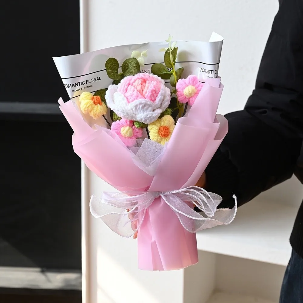 

Romantic Knitted Rose Bouquet Finished Chinese Style Sunflower Bouquet Gift Handicraft Fashion Fake Flower