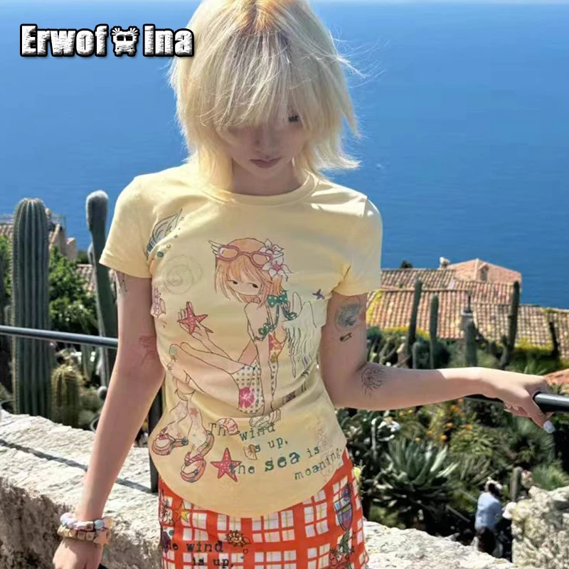 

Erwofeina Hotsweet графические футболки с принтом, футболка с короткими рукавами и круглым вырезом, женская одежда, одежда 2000-х годов, корейские модные топы Y2k